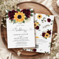 Sunflower and Roses Burgundy Red QR Code Wedding