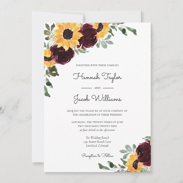 Sunflower and Roses Burgundy Red Wedding Invitation (Front)