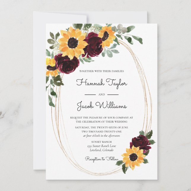 Sunflower and Roses Burgundy Red Wedding Invitation (Front)