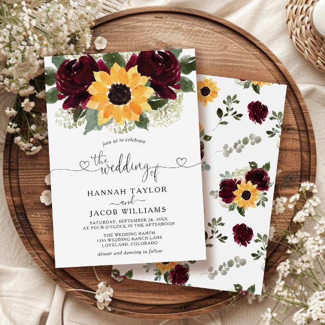 Sunflower and Roses Burgundy Red Wedding Invitation (Creator Uploaded)