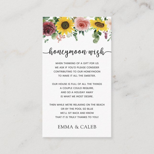 Sunflower and Roses Honeymoon Wish Enclosure Card (Front)