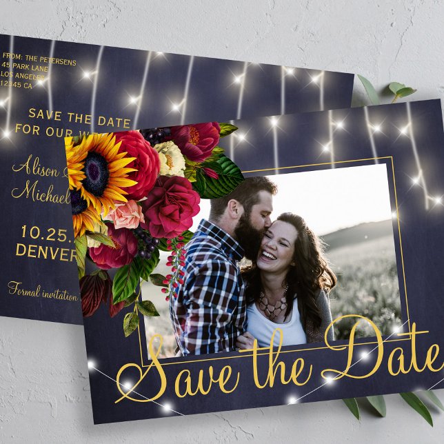 Sunflower and roses navy photo save date wedding announcement postcard (Creator Uploaded)