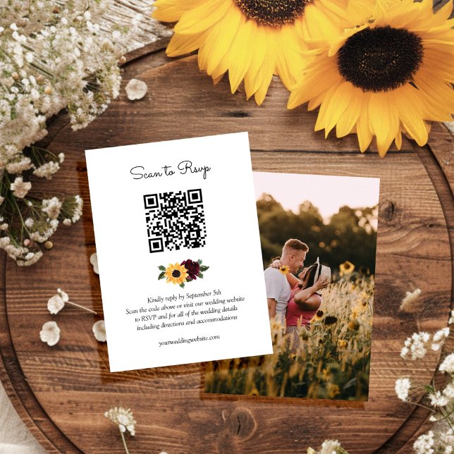 Sunflower and Roses Rustic Wedding QR Code RSVP Enclosure Card (Creator Uploaded)