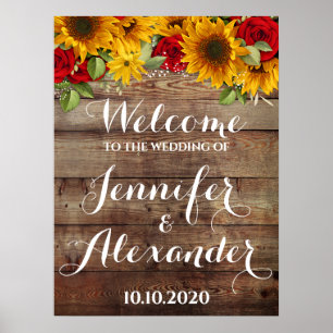 Sunflower and Roses Rustic Wedding Welcome Sign