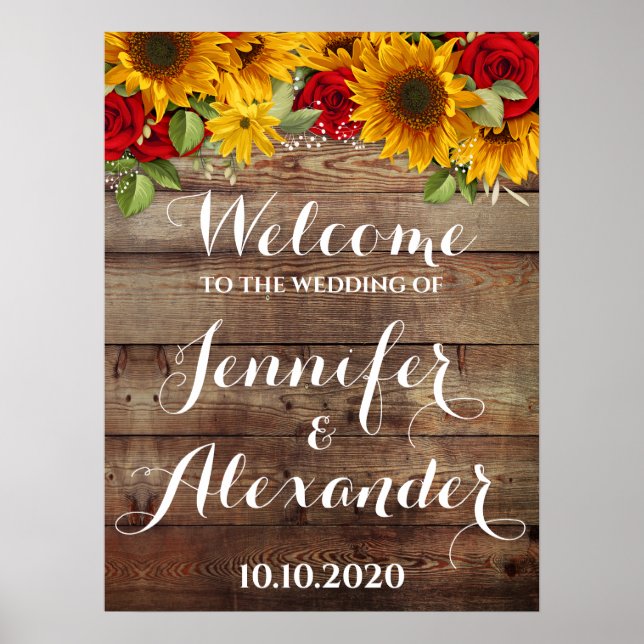 Sunflower and Roses Rustic Wedding Welcome Sign (Front)