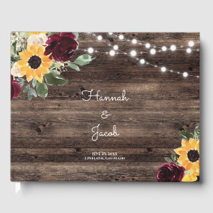 Sunflower and Roses Rustic Wood Wedding Guest Book