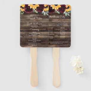 Sunflower and Roses Rustic Wood Wedding Program Hand Fan