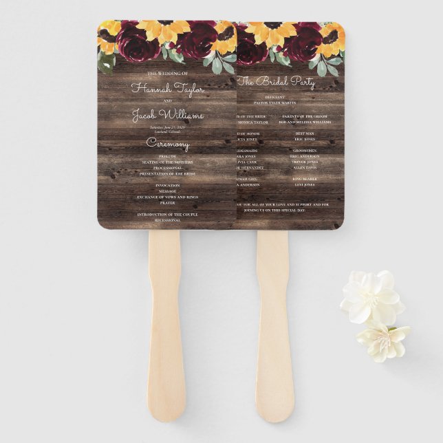 Sunflower and Roses Rustic Wood Wedding Program Hand Fan (Front and Back)