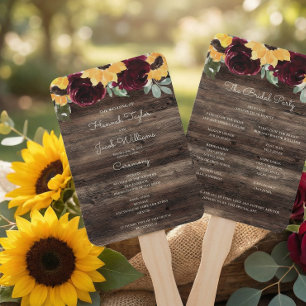 Sunflower and Roses Rustic Wood Wedding Program Hand Fan