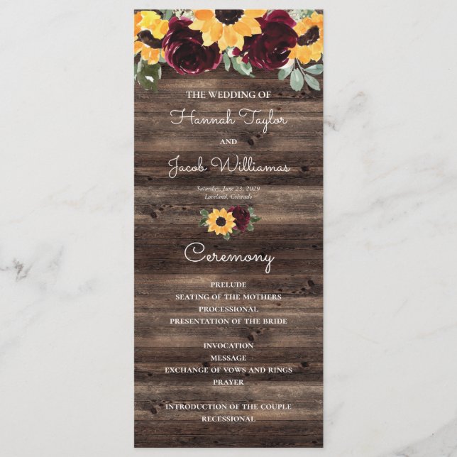 Sunflower and Roses Rustic Wood Wedding Program Programme (Front)