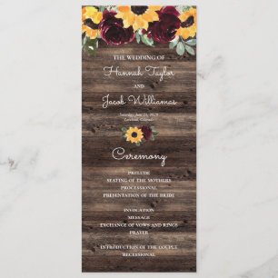 Sunflower and Roses Rustic Wood Wedding Program Programme