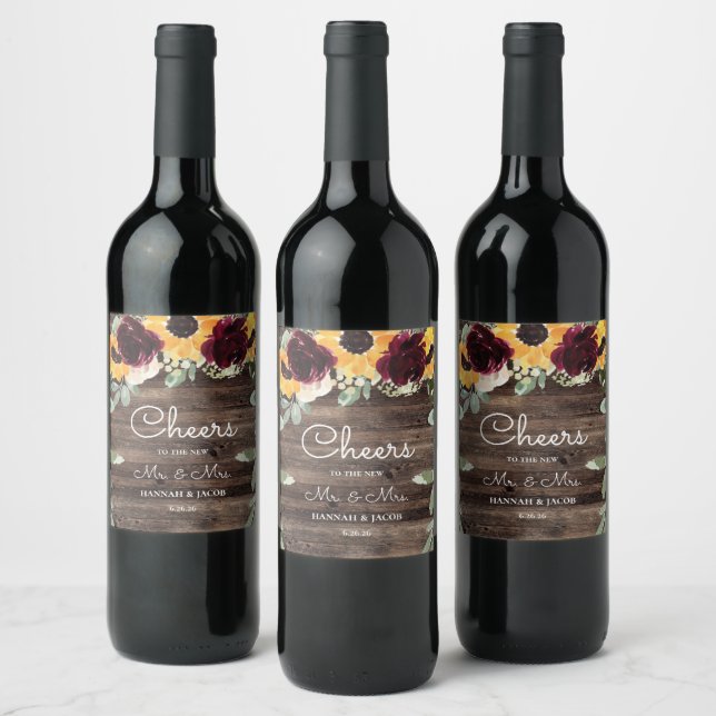 Sunflower and Roses Rustic Wood Wedding Wine Label (Bottles)