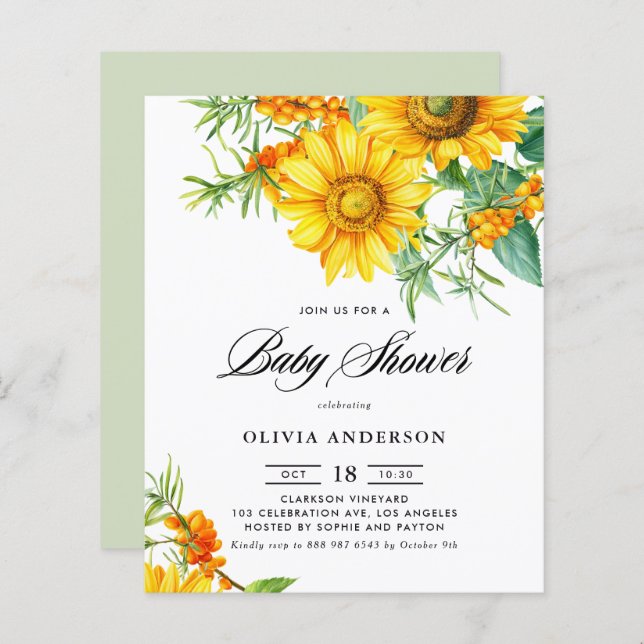 Sunflower and Sea Buckthorn Baby Shower Invitation (Front/Back)