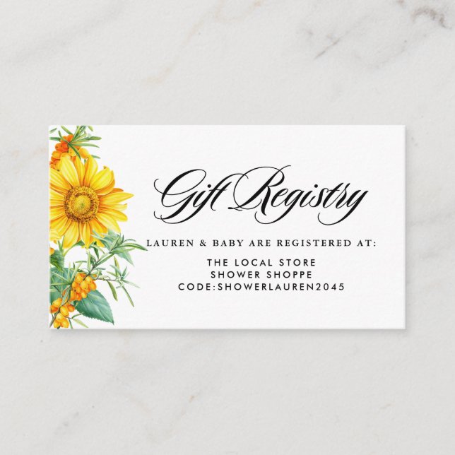 Sunflower and Sea Buckthorn Baby Shower Registry Enclosure Card (Front)