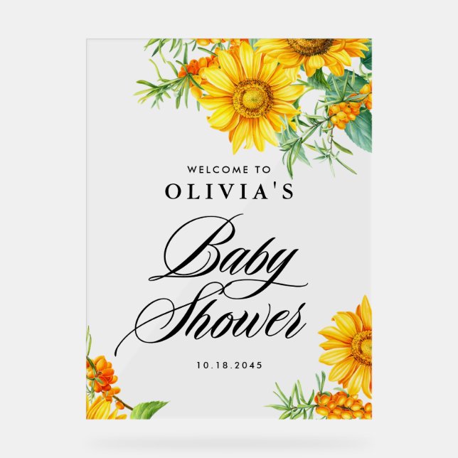 Sunflower and Sea Buckthorn Baby Shower Welcome Acrylic Sign (Front)