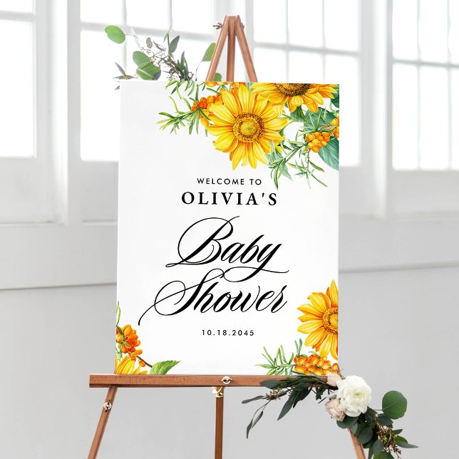 Sunflower and Sea Buckthorn Baby Shower Welcome Poster (Elegant baby shower welcome sign with watercolor sunflowers and sea buckthorn for fall baby showers.)