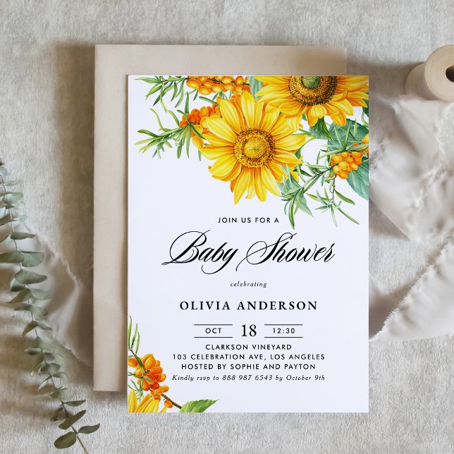 Sunflower and Sea Buckthorn QR Code Baby Shower Invitation (Botanical baby shower invitation featuring illustrations of yellow sunflower and sea buckthorn.)