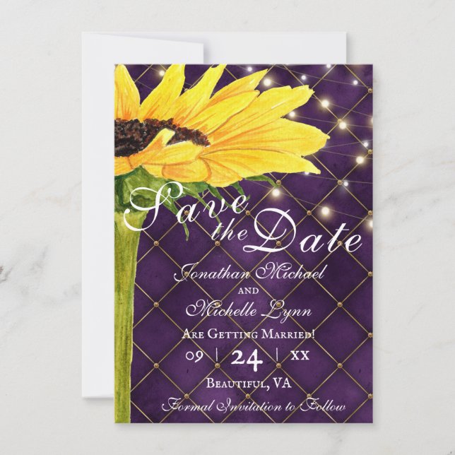Sunflower and String Lights on Purple Wedding Save The Date (Front)
