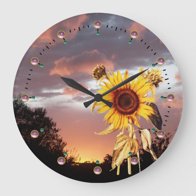 SUNFLOWER AND SUMMER SUNSET WITH PINK CLOUDS LARGE CLOCK (Front)
