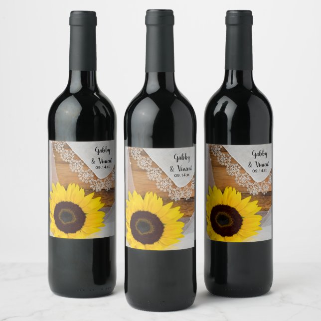 Sunflower and Vintage Lace Country Wedding Wine Label (Bottles)