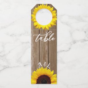 Sunflower and Wood Look Wedding Table Number Wine Bottle Tag