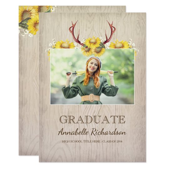 Sunflower Antlers Rustic Photo Graduation Card