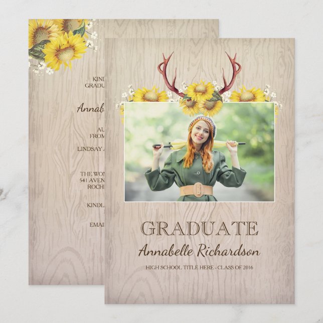 Sunflower Antlers Rustic Photo Graduation Invitation (Front/Back)
