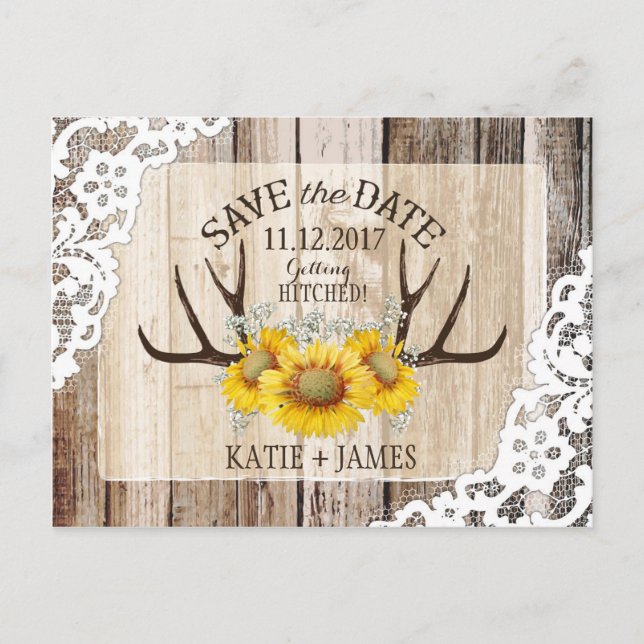 Sunflower Antlers Wood Lace Rustic Save the Date Announcement Postcard (Front)
