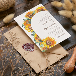 Sunflower Arch Botanical White Summer Fall Wedding Invitation