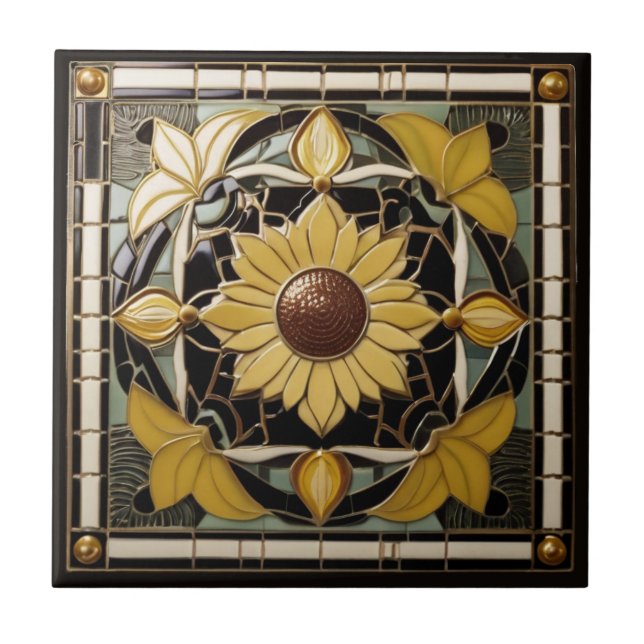 Sunflower Art Deco Nouveau Yellow and Black Tile (Front)