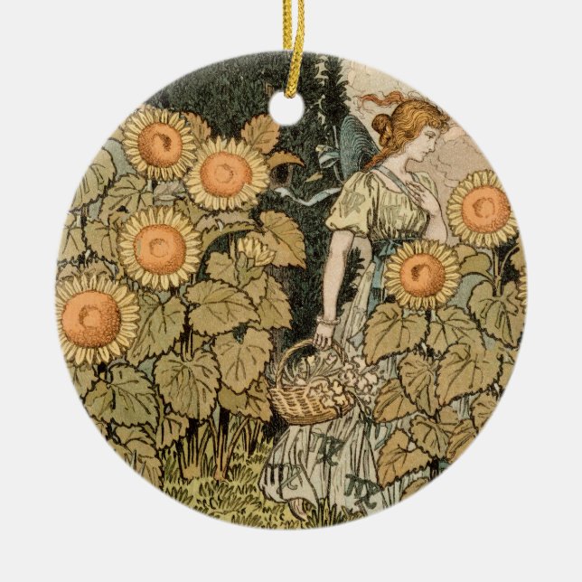 Sunflower Art Nouveau Garden Grasset Woman Ceramic Tree Decoration (Front)