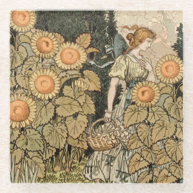 Sunflower Art Nouveau Garden Grasset Woman Glass Coaster (Front)
