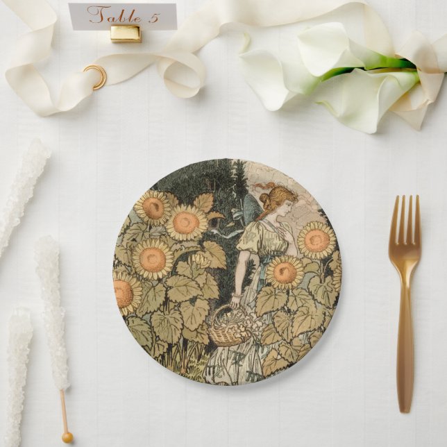 Sunflower Art Nouveau Garden Grasset Woman Paper Plate (Wedding)