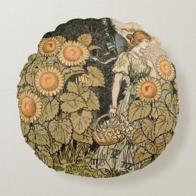 Sunflower Art Nouveau Garden Grasset Woman Round Cushion (Front)