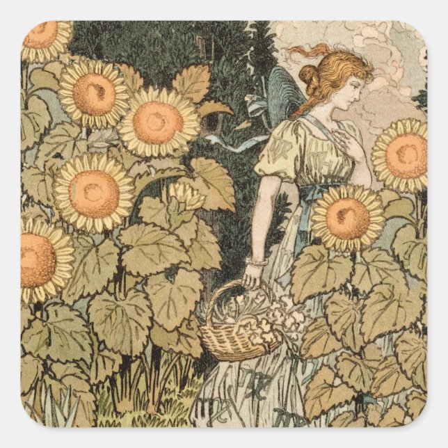Sunflower Art Nouveau Garden Grasset Woman Square Sticker (Front)