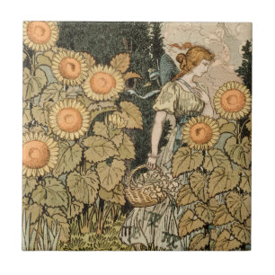 Sunflower Art Nouveau Garden Grasset Woman Tile