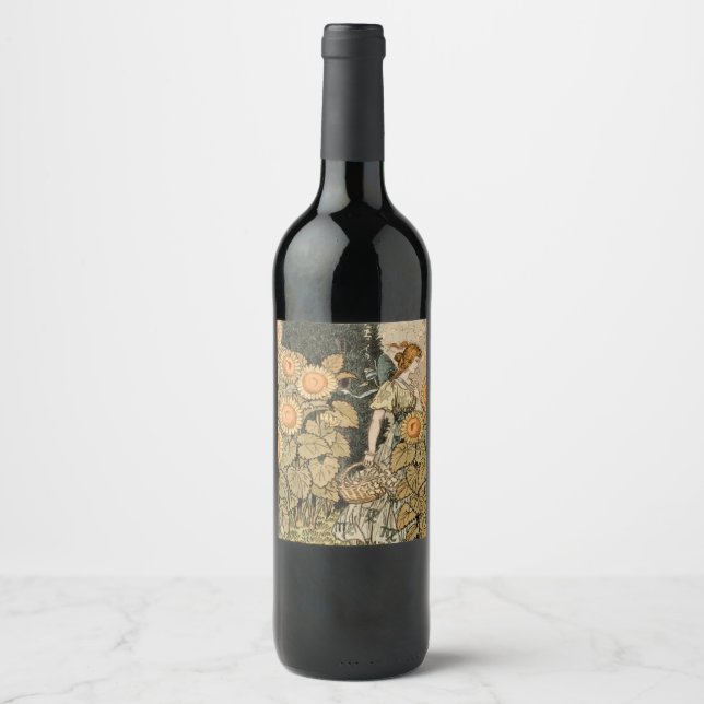 Sunflower Art Nouveau Garden Grasset Woman Wine Label (Front)