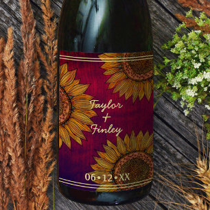 Sunflower Art Rustic Burgundy Personalised Wedding Wine Label