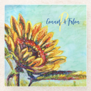 Sunflower Artsy Monogrammed Glass Coaster