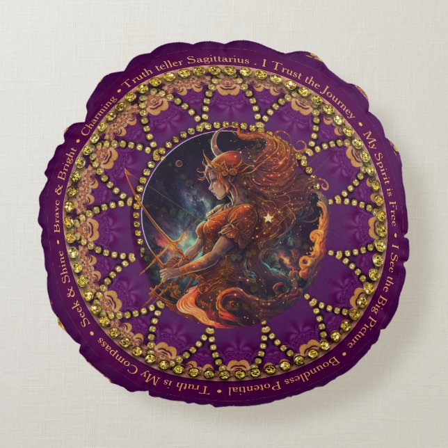 Sunflower Astro Sagittarius Zodiac Affirmations Round Cushion (Front)