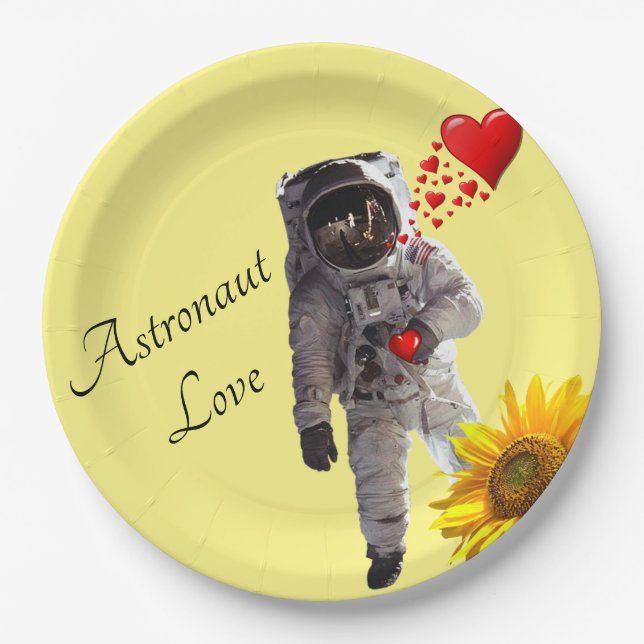 Sunflower Astronaut Red Hearts Paper Plates (Front)