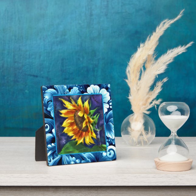 Sunflower at Night Blue Yellow Green Flower Floral Plaque (Insitu)