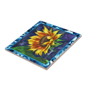 Sunflower at Night Blue Yellow Green Flower Floral Tile
