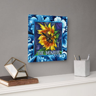 Sunflower at Night Flower Floral Personalised Square Wall Clock