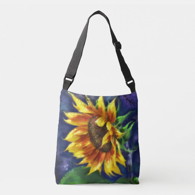 Sunflower at Night Yellow Blue Flower Floral Crossbody Bag (Front)