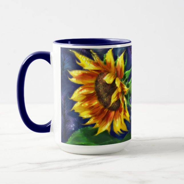 Sunflower at Night Yellow Blue Flower Floral  Mug (Left)