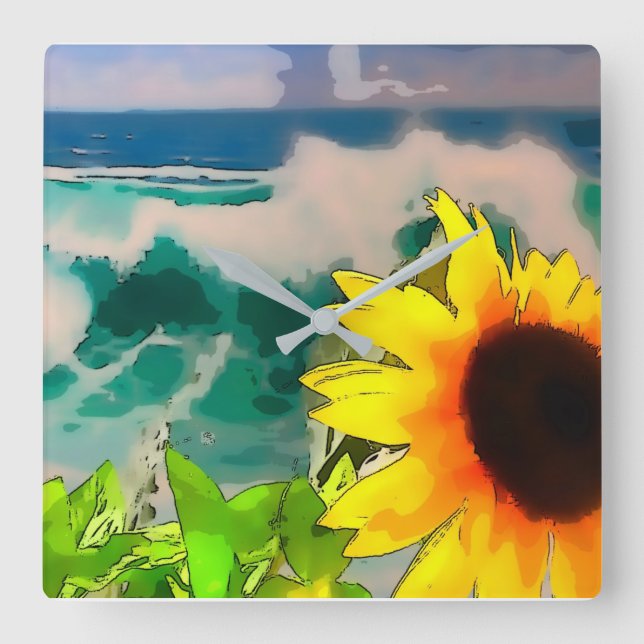 Sunflower at the Beach   Square Wall Clock (Front)