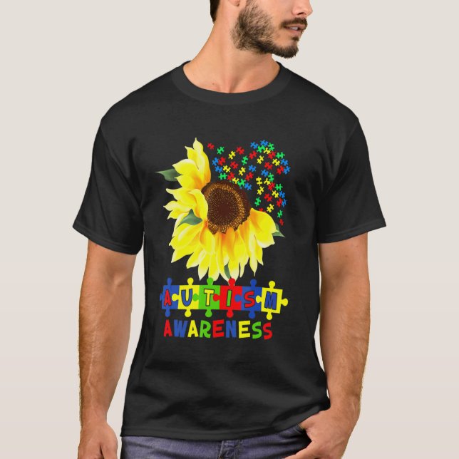 Sunflower Autism Puzzle Piece Cool Awareness S T-Shirt (Front)