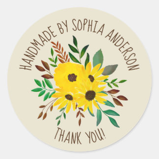 Sunflower Autumn Floral Bouquet - Thank you!  Classic Round Sticker