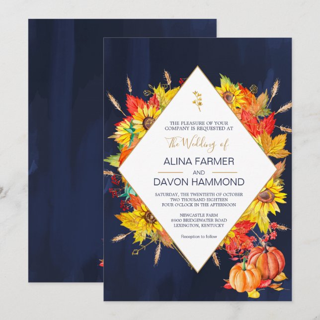 Sunflower Autumn Leaves Wedding Invitation (Front/Back)